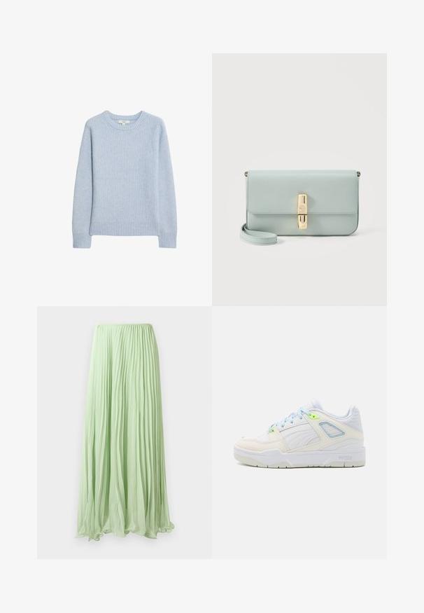 Pull en tricot côtelé bleu clair avec un col rond, des épaules tombantes, et un ourlet et des poignets côtelés. Texture douce et coupe décontractée.; Jupe longue plissée vert clair avec un tissu fluide et une taille élastique, présentée sur un fond blanc.; Baskets blanches avec des accents bleu clair et vert néon. Fabriquées en cuir lisse et en mesh, elles présentent un col rembourré et une semelle texturée.; Pochette en cuir bleu clair avec fermoir rectangulaire doré et sangle de poignet amovible sur fond blanc.