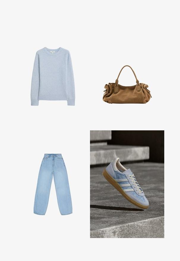 Pull en tricot côtelé bleu clair avec un col rond, des épaules tombantes, et un ourlet et des poignets côtelés. Texture douce et coupe décontractée.; Jean large en denim bleu clair avec une taille haute, des poches avant et une simple fermeture à bouton. La texture est lisse avec un léger dégradé.; Baskets bleu clair avec motif floral, rayures blanches et accents en daim gris texturé. Semelle en caoutchouc couleur naturelle. Lacets beige crème.; Sac à main en daim marron doux avec une poignée supérieure unique et des détails latéraux froncés maintenus par des sangles en cuir et des anneaux métalliques.