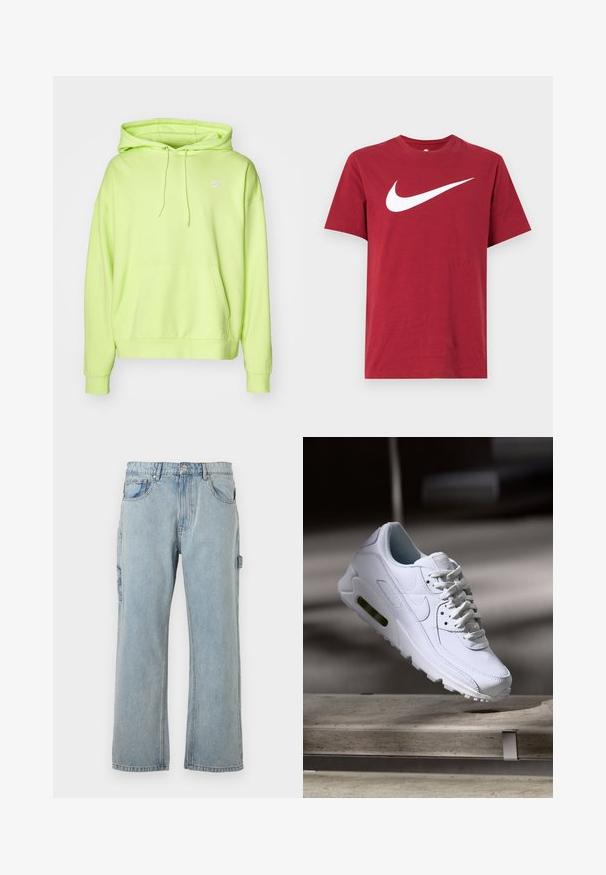 Neon-grüner Kapuzenpullover mit einer Fronttasche und Kordelzug. Verfügt über ein kleines weißes Nike-Logo auf der oberen linken Brust. Weicher Stoff.; Rotes Baumwoll-T-Shirt mit kurzen Ärmeln und Rundhalsausschnitt. Mit großem weißem Nike-Swoosh-Logo auf der Vorderseite. Glatte Textur, legeres Design.; Hellblaue Denim-Cargohosen mit lockerer Passform, seitlichen Taschen, geradem Bein-Design und sichtbaren Nähdetails.; Weiße Lederturnschuhe mit strukturierten Oberflächen, gepolstertem Kragen und sichtbarer Luftpolsterung in der Sohle. Verfügt über Schnürsenkel und ein minimalistisches Design.