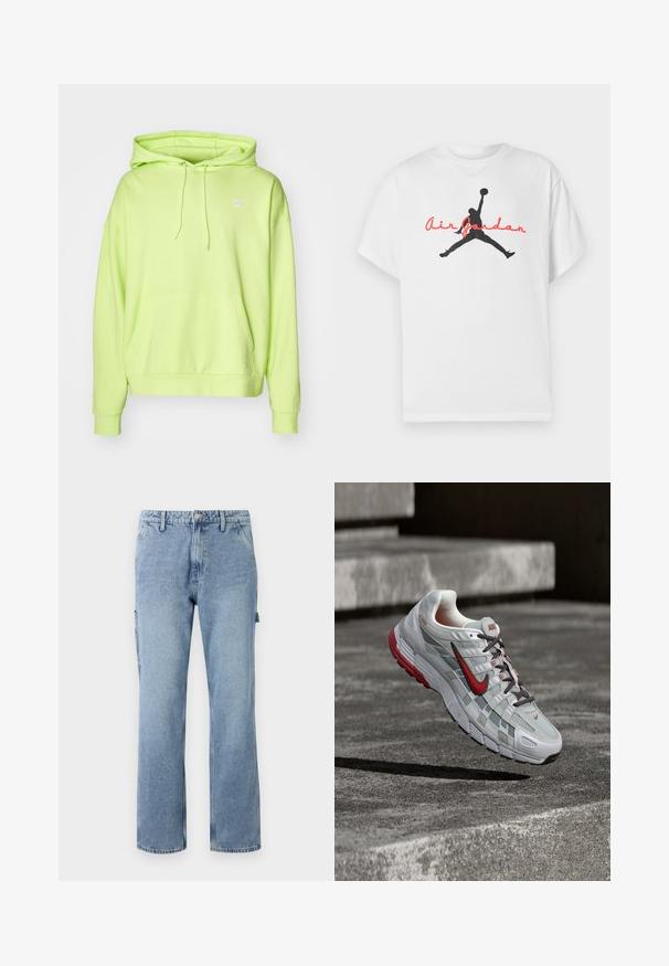 Neon-grüner Kapuzenpullover mit einer Fronttasche und Kordelzug. Verfügt über ein kleines weißes Nike-Logo auf der oberen linken Brust. Weicher Stoff.; Weißes Baumwoll-T-Shirt mit schwarzer Silhouette eines Basketballspielers und rotem "Air Jordan"-Schriftzug auf der Brust. Kurzärmlig, klassische Passform.; Hellblaue Denim-Cargo-Hosen mit geraden Beinen, fünf Taschen und einem Knopfverschluss. Mit Seitentaschen und einem lässigen, lockeren Schnitt ausgestattet.; Weißer und grauer Nike-Laufschuh mit roten Akzenten und schwarzen Schnürsenkeln, schwebend über grauen Betonstufen.