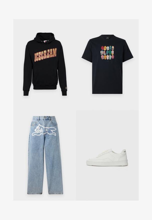 Sort hættetrøje med "ICECREAM" grafik i gul og rød, med en kangaroo lomme og et lille is icon på ærmet. I bomulds materiale.; Sort bomulds T-shirt med et farverigt grafisk motiv af forskellige læber i forskellige mønstre og farver på foran. Rund halsudskæring, korte ærmer.; Lysblå denimjeans med en afslappet, bred pasform. Har et hvidt motiv af en løbende kat på bagsiden. Klassisk fem-lomme design.; Hvide lædersneakers med en glat overflade, rund tå, flade snørebånd og en tekstureret sål. Har et diskret logo på hælen.