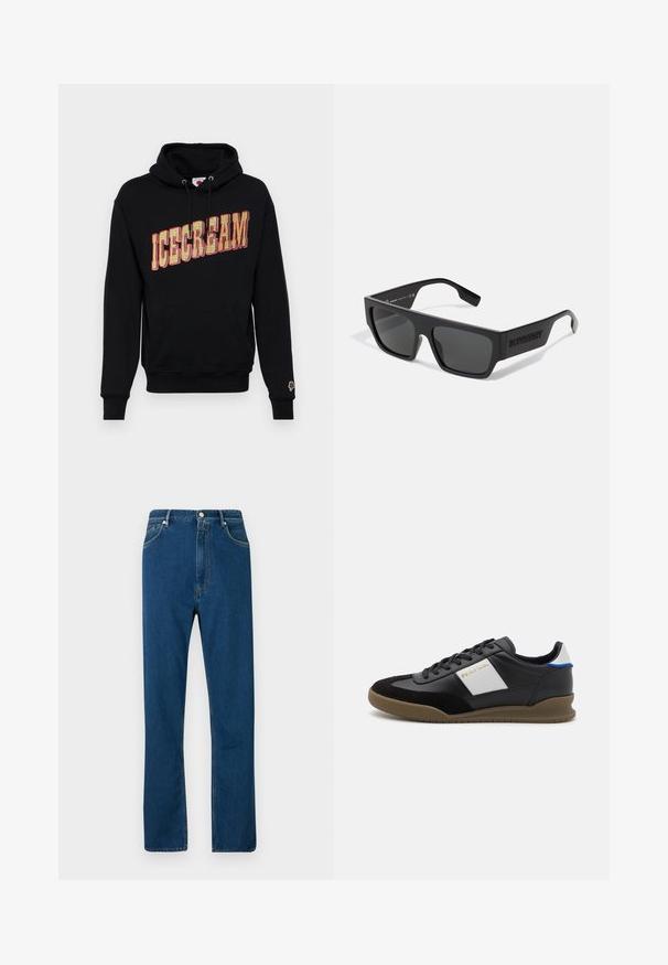 Sort hættetrøje med "ICECREAM" grafik i gul og rød, med en kangaroo lomme og et lille is icon på ærmet. I bomulds materiale.; Blå denimjeans med høj talje, lige ben, fem lomme-design og kontrasterende orange syninger. Glat tekstur.; Sorte læder- og ruskinds sneakers med en grå panel, brun gummisål og blå detaljer på hælen. Har snørebånd og præget logo.; Sorte solbriller med rektangulær form, mat finish og grå linser. Har et prægede logo på stængerne. Klassisk design.