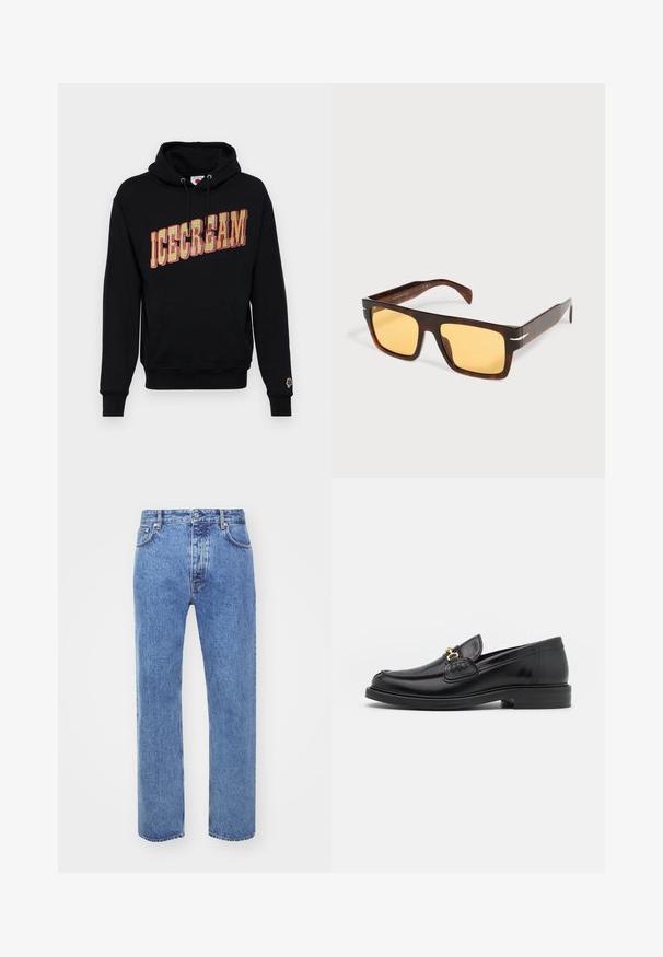 Zwarte hoodie met "ICECREAM" grafiek in geel en rood, met een kangoeroe-pocket en een klein ijsjespictogram op de mouw. Katoenen materiaal.; Won Hundred STEVE - Relaxed fit jeans - cut blue; Zwarte leren instappers met een ronde neus, voorzien van een gouden hardware accent en stikdetails, geplaatst op een lage, getextureerde rubberen zool.; Rechthoekige zonnebril met schildpaddessin, brede monturen en geel getinte glazen op een witte achtergrond.