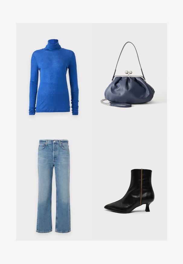 CLOSED TURTLE NECK - Πουλόβερ - galaxy blue; Ανοιχτό μπλε τζιν παντελόνι με ίσια γραμμή, με ψηλή μέση, πέντε τσέπες και κλασικό, ελαφρώς ξεθωριασμένο φινίρισμα.; Μαύρο δερμάτινο αρβυλάκι με μυτερή μύτη, χαμηλό τακούνι kitten και μια λεπτή καφέ κάθετη ρίγα στο πλάι.; Μαλακή τσάντα από δέρμα σε ναυτικό μπλε χρώμα με ασημένιο κλείσιμο, έναν ιμάντα ώμου και αποσπώμενο αλυσίδα για τον καρπό σε λευκό φόντο.