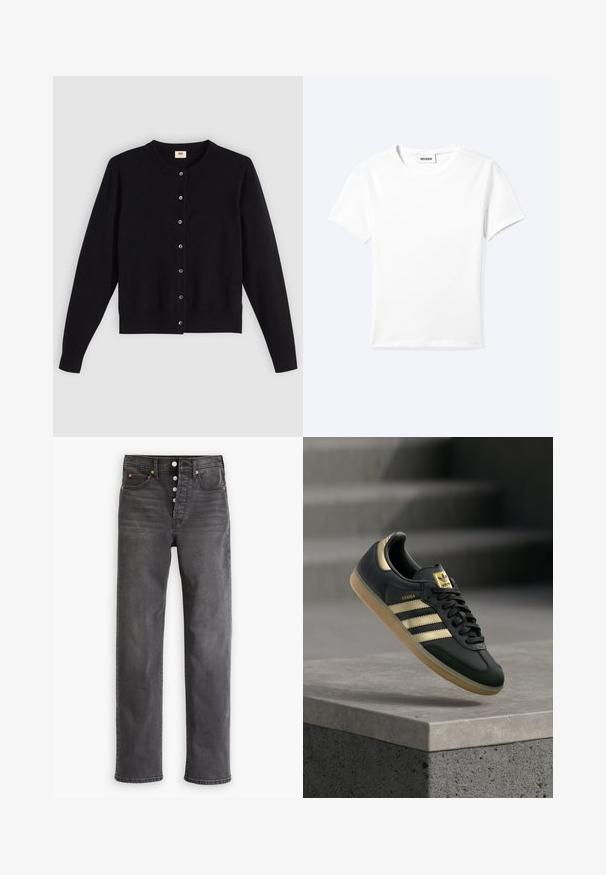 Sort cardigan med rund hals, lange ærmer og frontknaplukning. Lavet af blødt stof med diskrete ribbede manchetter og kant.; Ensfarvet hvid t-shirt med korte ærmer og rund halsudskæring med en lille "WEEKDAY" label indeni halskanten, vist fladt på en lys baggrund.; Grå denimjeans med høj talje, lige ben, fem lommer og knaplukning. Har kobberfarvet syning og diskret falming.; Sort Adidas Samba-sneaker med gulstriber og gummisål, der svæver over en betongflade med slørede trapper i baggrunden.