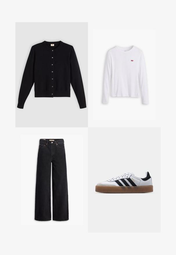 Cardigan noir avec un col rond, des manches longues et une fermeture à boutons sur le devant. Fabriqué en tissu doux avec des poignets et un ourlet côtelés subtils.; Chemise blanche à manches longues en coton doux. Présente un petit logo rouge Levi's sur la poitrine gauche. Design classique à col rond.; Jean noir à jambe large en denim, comportant cinq poches, des rivets en laiton et une fermeture à bouton classique. Texture lisse avec un design épuré.; Baskets en cuir blanc avec des rayures noires, semelle extérieure en caoutchouc beige, bout rond, fermeture lacée et embout en suède gris doux.