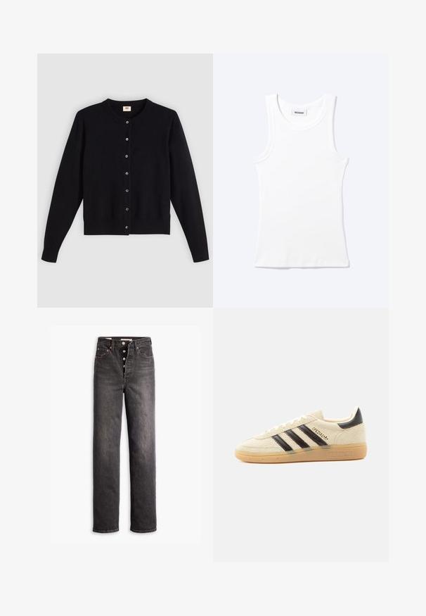 Zwarte cardigan met een ronde hals, lange mouwen en knoopsluiting aan de voorkant. Gemaakt van zacht materiaal met subtiele ribbels aan de mouwen en onderkant.; Wit mouwloos geribd tanktopje met ronde hals en een klein label met daarop "WEEKDAY" aan de binnenkant van de kraag.; Zwarte high-waisted jeans met een rechtuit ontwerp, gemaakt van denim. Heeft een knoopsluiting, koperen hardware accenten en contrasterende stiksels.; Crèmekleurige suède sneaker met zwarte strepen, rubberen zool, zwart hieltabje en gouden "SPEZIAL" tekst aan de zijkant.