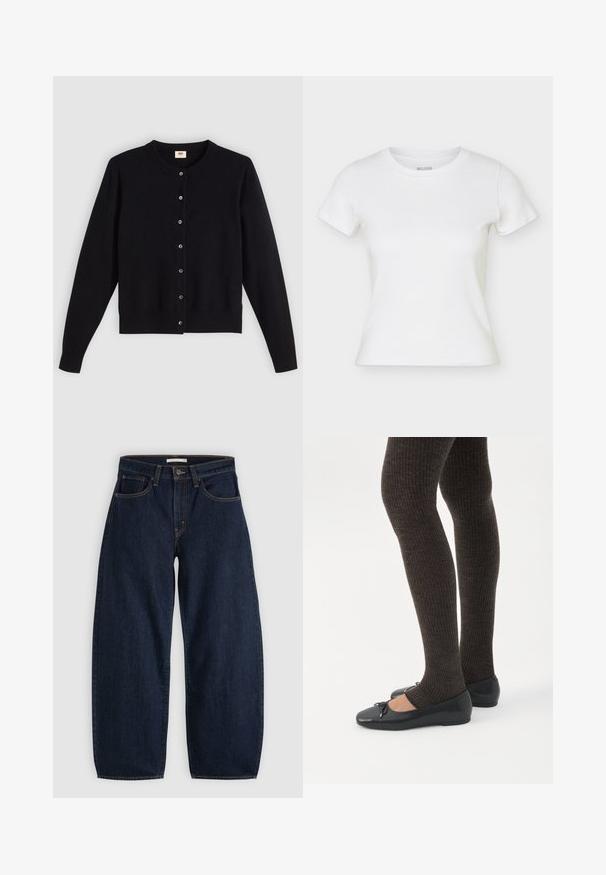 Cardigan noir avec un col rond, des manches longues et une fermeture à boutons sur le devant. Fabriqué en tissu doux avec des poignets et un ourlet côtelés subtils.; T-shirt blanc à manches courtes, ajusté, col rond, présenté à plat avec coutures latérales légèrement visibles.; Jean en denim bleu foncé à jambes larges avec fermeture avant par bouton et glissière, passants de ceinture et design cinq poches, posé à plat sur fond gris.; Jambes portant des leggings côtelés foncés associés à des ballerines noires avec de petits détails en nœud sur fond blanc.