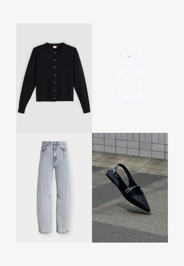 Sort cardigan med rund hals, lange ærmer og frontknaplukning. Lavet af blødt stof med diskrete ribbede manchetter og kant.; Hvid ærmeløs tanktop med rund halsudskæring, lagt fladt på en ensfarvet lys baggrund, uden synlige mønstre eller designs.; Lyseblå højtaljede jeans med lige ben, forlommer, bæltestropper og lukning med knap og lynlås på ensfarvet baggrund.; Sort flad slingback med spids tå og dobbelte spænder, hvilende på grå asfalt nær flisevæg.