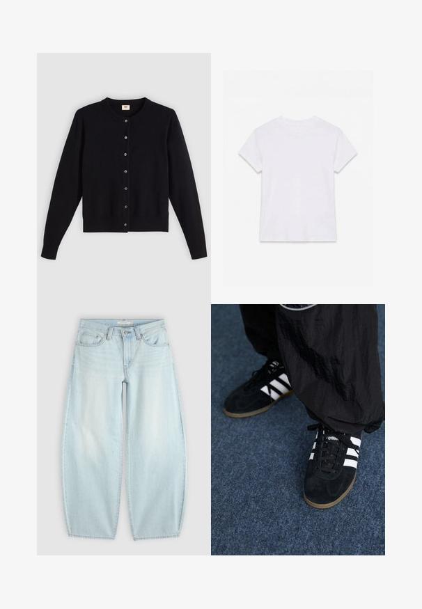 Cardigan noir avec un col rond, des manches longues et une fermeture à boutons sur le devant. Fabriqué en tissu doux avec des poignets et un ourlet côtelés subtils.; T-shirt en coton blanc uni à manches courtes et col rond, étalé à plat sur un fond blanc.; Jean bleu clair taille large avec fermeture bouton et fermeture éclair, poches avant et passants de ceinture sur un fond uni.; Des chaussures de sport en suède noir avec trois rayures blanches et des lacets noirs. Un pantalon noir texturé est partiellement visible à côté des chaussures.