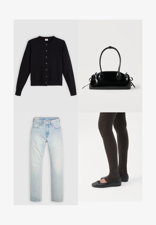 Cardigan noir avec un col rond, des manches longues et une fermeture à boutons sur le devant. Fabriqué en tissu doux avec des poignets et un ourlet côtelés subtils.; Jean en denim bleu clair avec une coupe droite, un style cinq poches et une finition légèrement délavée. Fermeture par bouton et braguette zippée.; Jambes portant des leggings côtelés foncés associés à des ballerines noires avec de petits détails en nœud sur fond blanc.; Petit sac à main noir brillant avec deux longues anses et des détails à cordon sur les côtés sur un fond clair uni.