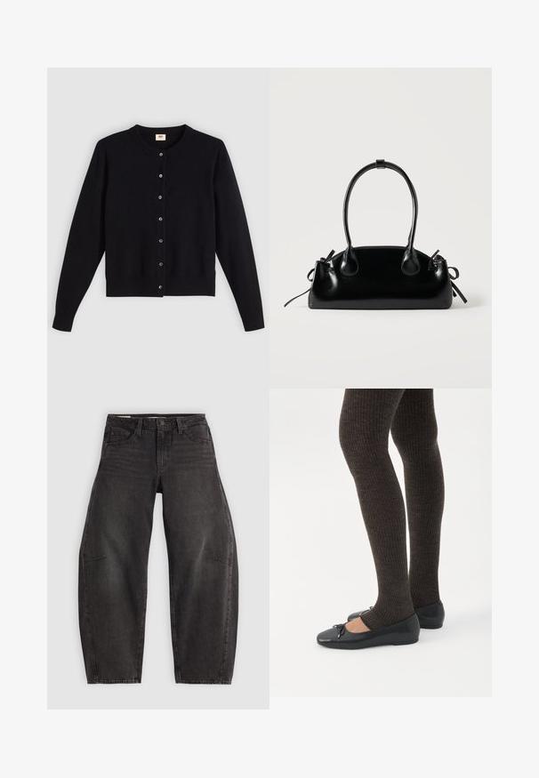Cardigan noir avec un col rond, des manches longues et une fermeture à boutons sur le devant. Fabriqué en tissu doux avec des poignets et un ourlet côtelés subtils.; Jean en denim noir avec une coupe décontractée, comportant cinq poches, une fermeture à bouton et un léger dégradé. Le tissu a une texture lisse et résistante.; Jambes portant des leggings côtelés foncés associés à des ballerines noires avec de petits détails en nœud sur fond blanc.; Petit sac à main noir brillant avec deux longues anses et des détails à cordon sur les côtés sur un fond clair uni.