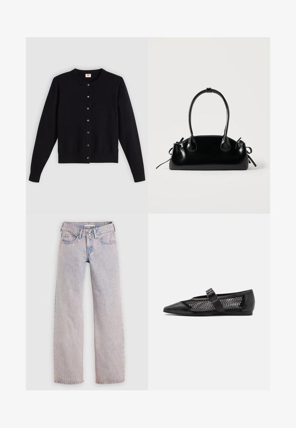 Cardigan noir avec un col rond, des manches longues et une fermeture à boutons sur le devant. Fabriqué en tissu doux avec des poignets et un ourlet côtelés subtils.; Jean en denim délavé clair avec une coupe droite, comprenant un design à cinq poches, une fermeture à double bouton et un délavage minimal.; Chaussure plate noire avec un bout pointu, panneaux latéraux en maille et une sangle avec une boucle décorative. Fini lisse sur les sections du bout et du talon.; Petit sac à main noir brillant avec deux longues anses et des détails à cordon sur les côtés sur un fond clair uni.