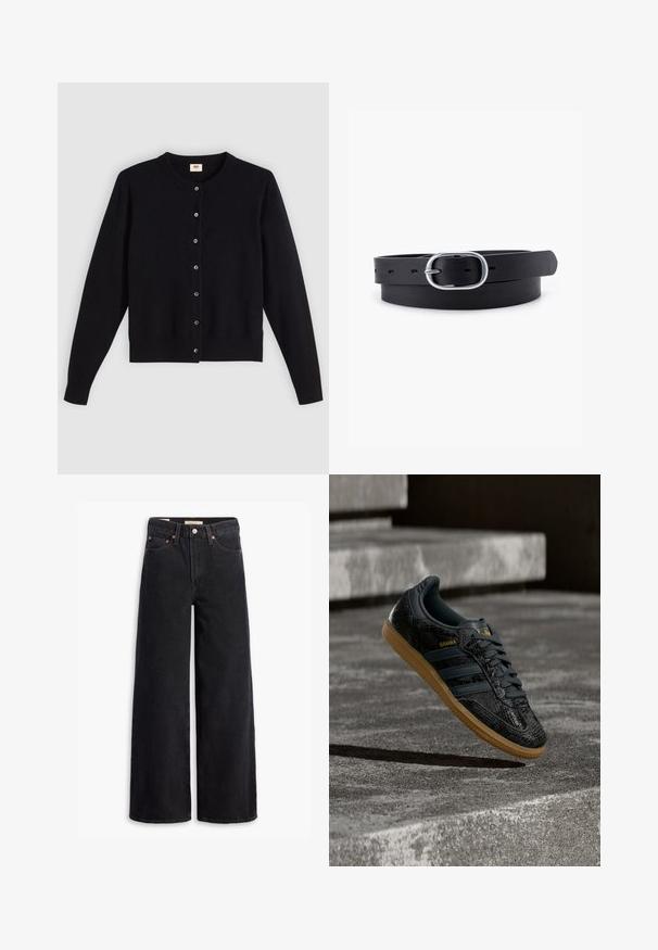 Zwarte cardigan met een ronde hals, lange mouwen en knoopsluiting aan de voorkant. Gemaakt van zacht materiaal met subtiele ribbels aan de mouwen en onderkant.; Zwarte brede jeans gemaakt van denim, met vijf zakken, koperen klinknagels en een klassieke knoopsluiting. Glad van textuur met een strakke uitstraling.; Zwarte Adidas Samba sneaker met een gestructureerd patroon, gumzool en gouden logo, zwevend boven betonnen trappen.; Zwarte leren riem met een gladde textuur, ovaal zilveren metalen gespsluiting en meerdere verstelgaten langs de band. Platte, minimalistische uitstraling.