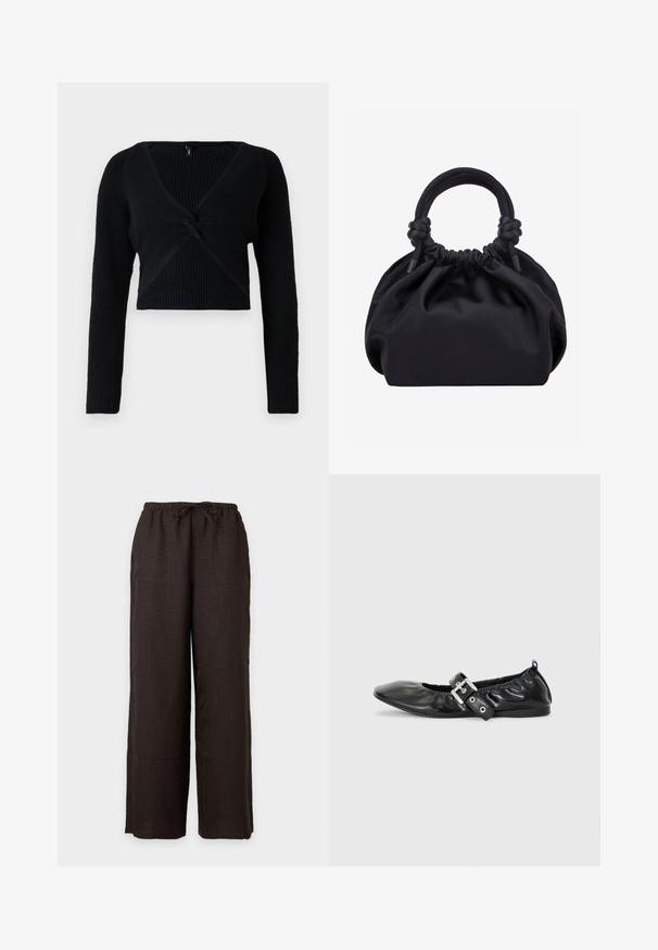 Pull court noir en maille côtelée, avec un décolleté en V profond, des manches longues et un détail noué à l'avant pour une texture supplémentaire.; Pantalon ample marron foncé avec ceinture élastique et cordon de serrage, avec poches plaquées à l'avant, sur un fond uni clair.; Chaussure plate en cuir noir avec un nez pointu, des détails froncés autour de l'ouverture et un accent en boucle argentée sur la bride ajustable.; Sac à main en tissu noir doux avec haut froncé et poignées circulaires rembourrées nouées de chaque côté.
