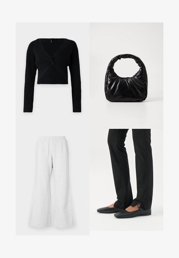 Pull court noir en maille côtelée, avec un décolleté en V profond, des manches longues et un détail noué à l'avant pour une texture supplémentaire.; Pantalons de survêtement évasés gris clair avec une taille élastique, fabriqués en tissu doux et texturé. Présente une coupe décontractée et de larges ouvertures aux jambes.; Jambes vêtues d’un pantalon slim noir avec des fentes à l’avant de l’ourlet, assorties à des chaussures plates Mary Jane noires avec une petite bride à boucle.; Sac à main noir rembourré avec une poignée arrondie, présentant une surface lisse et brillante ainsi qu'une texture douce et matelassée. Pas de quincaillerie ou d'accents visibles.