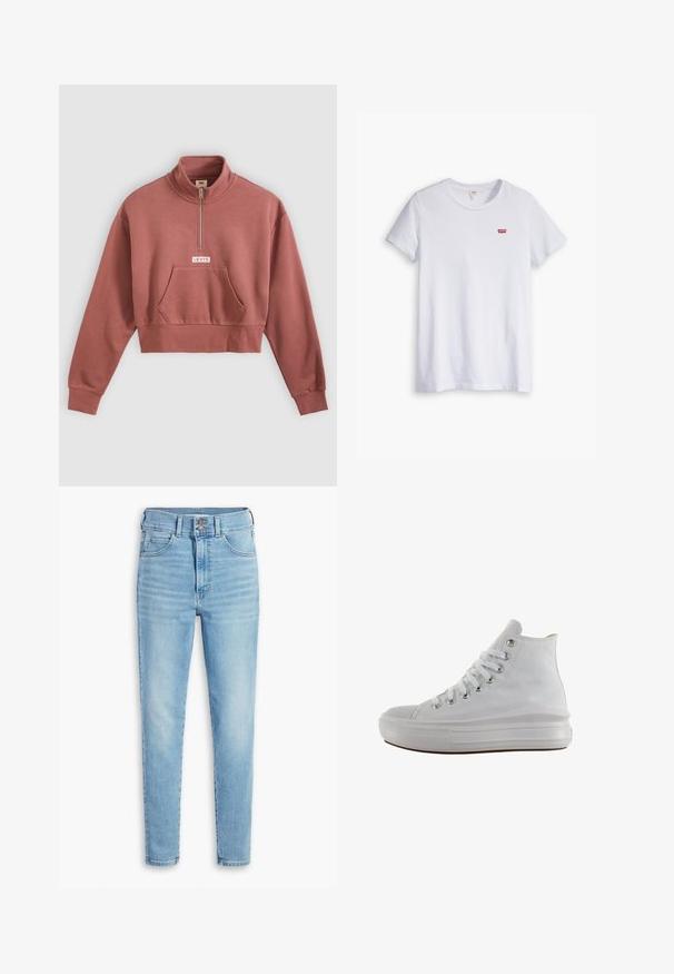 Sweat-shirt court mauve avec zip quart, poche kangourou, poignets en côte et logo « Levi's » au centre avant.; T-shirt en coton blanc à manches courtes et col rond. Présente un petit logo rouge Levi's sur la partie gauche de la poitrine.; Levi's® RETRO HIGH SKINNY DOUBLE BUTTON - Jeans Skinny - straight out of levi's�; Baskets montantes en toile blanche avec lacets blancs, œillets métalliques, semelle épaisse en caoutchouc et bout texturé, orientées vers la gauche sur fond blanc.