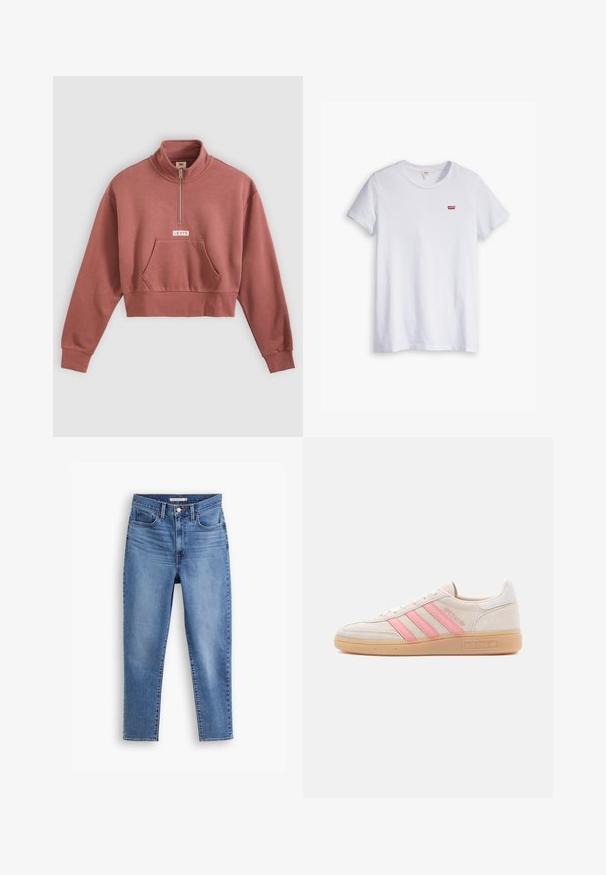 Sweat-shirt court mauve avec zip quart, poche kangourou, poignets en côte et logo « Levi's » au centre avant.; T-shirt en coton blanc à manches courtes et col rond. Présente un petit logo rouge Levi's sur la partie gauche de la poitrine.; Jeans pour femmes taille haute bleus avec fermeture à bouton et à zip à l'avant, passants de ceinture et design à cinq poches, posés sur un fond blanc.; Baskets en daim beige avec trois bandes roses sur le côté. Dotées d'une semelle en caoutchouc texturée et d'un accent de talon blanc. Design minimaliste.