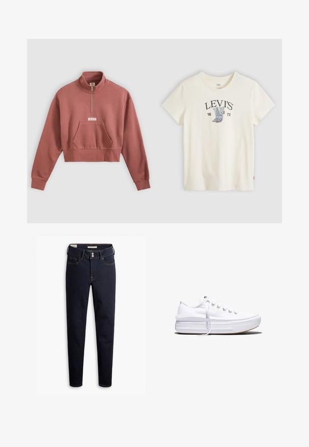 Sweat-shirt court mauve avec zip quart, poche kangourou, poignets en côte et logo « Levi's » au centre avant.; T-shirt blanc à manches courtes Levi's avec un motif de bottes de cowboy bleues et "LEVI'S 1873" imprimé sur la poitrine.; Jeans en denim bleu foncé avec une coupe slim, dotés de deux poches avant, d'une poche à monnaie et de deux poches arrières. Coutures contrastantes et boutons en métal.; Baskets basses blanches en toile avec semelle plateforme épaisse, lacets sur le devant et embout en caoutchouc texturé, vues de profil.