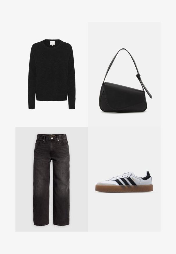 Pull en maille noir avec un col rond, des manches longues et une texture douce. Design simple, sans motifs ni accents.; Levi's® BAGGY DAD - Jean baggy - shrink up; Baskets en cuir blanc avec des rayures noires, semelle extérieure en caoutchouc beige, bout rond, fermeture lacée et embout en suède gris doux.; Sac à main en cuir noir de forme triangulaire, avec un rabat incliné et une poignée supérieure arrondie. Il présente une texture lisse et des détails de design minimalistes.