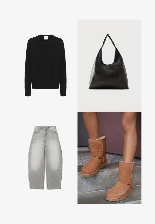 Sorte striktrøje med rund halsudskæring, lange ærmer og en blød tekstur. Enkel design, ingen mønstre eller detaljer.; Grå jeans med høj talje og vide ben, foran lommer, knap- og lynlås lukning, samt subtil falmning på lårene og øverste del.; Brune ruskind ankelstøvler med rund tå, blødt foer og gummisål, der har synlige stikninger langs sømmene.; Sort skuldertaske i glat læder med en bred, enkelt strop og et afslappet, minimalistisk design mod en ensfarvet baggrund.