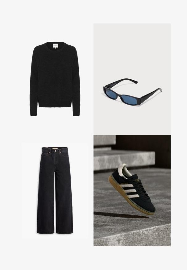 Sorte striktrøje med rund halsudskæring, lange ærmer og en blød tekstur. Enkel design, ingen mønstre eller detaljer.; Sorte brede benjeans lavet af denim, med fem lommer, kobbernitter og en klassisk knaplukning. Glat tekstur med et rent design.; Sort ruskindssneaker med hvide striber og gyldent logo, med en tekstureret gummisål i karamel og en kontrasterende cremefarvet hæltab.; Sorte solbriller med en slank rektangulær ramme og blå linser. Har en glat overflade og robuste stænger. Mærkets logo på siden.
