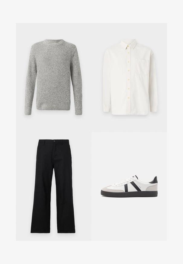 Grå strikket sweater med lange ærmer, rund halsudskæring og ribbede manchetter og kant. Teksturen er tyk og struktureret, velegnet til køligere vejr.; Hvid langærmet skjorte lavet af bomuldsblanding, med knap-til-forset krave, gule knapper og en enkelt brystlomme. Klassisk pasform.; Sorte straight-leg bukser lavet af bomuld, med knaplukning og bæltestropper. Glat tekstur uden synlige mønstre eller accenter.; Hvide sneakers med sorte og grå detaljer, med en tekstureret grå tåhætte, sort gummisål og flade hvide snørebånd. Rent design, minimalistisk stil.