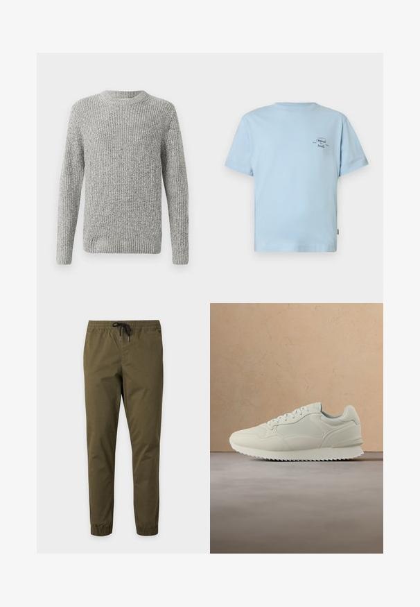 Pull en tricot gris à manches longues, col rond, avec des poignets et un ourlet côtelés. La texture est épaisse et texturée, adaptée aux temps frais.; T-shirt bleu clair à manches courtes en coton doux. Comprend un col rond et un petit logo texte noir sur le côté supérieur gauche.; Pantalon décontracté vert olive avec taille et poignets élastiques, avec fermeture à cordon noir.; Baskets de couleur crème avec un design à lacets, une semelle épaisse et une semelle extérieure texturée, flottant au-dessus d'un tapis beige et d'un canapé en arrière-plan.