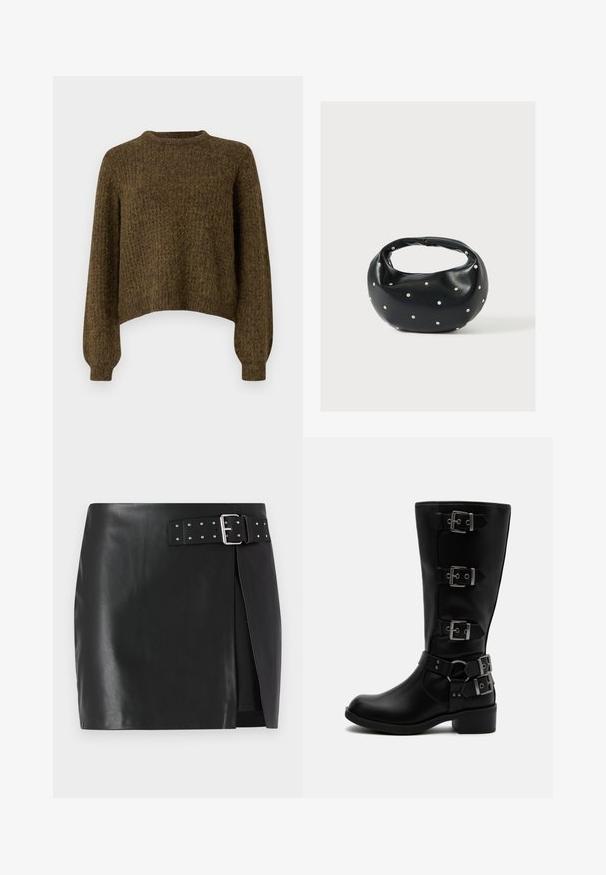 Bruine gebreide trui met een ronde halslijn, cropped ontwerp en lange mouwen. Gestructureerde stof met subtiele kleurvariaties.; Zwarte faux leren mini-jurk met een verstelbare riem met zilveren gesp en studdetails, voorkant met wikkelontwerp en een gladde textuur.; Zwarte leren laars tot halverwege de kuit met vier verstelbare metalen gespen en een lage blokhak op een witte achtergrond.; Zwarte leren handtas met een afgeronde vorm, versierd met zilveren studs, en een korte handgreep. Gladde textuur en ritsluiting.