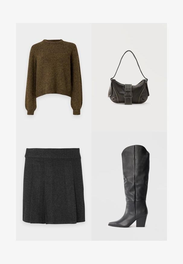 Pull en tricot marron avec un col rond, design court et manches longues. Tissu texturé avec de subtiles variations de couleur.; Jupe noire plissée en tissu texturé. Ceinture mi-haute avec des lignes épurées. Coupe classique adaptée à diverses occasions.; Bottes noires en cuir, montant jusqu'au genou, avec un bout pointu et un talon épais. Le design présente une texture lisse et des lignes minimalistes.; Sac à épaule en cuir noir avec une sangle à boucle, des bords arrondis et des coutures blanches contrastées sur un fond uni.
