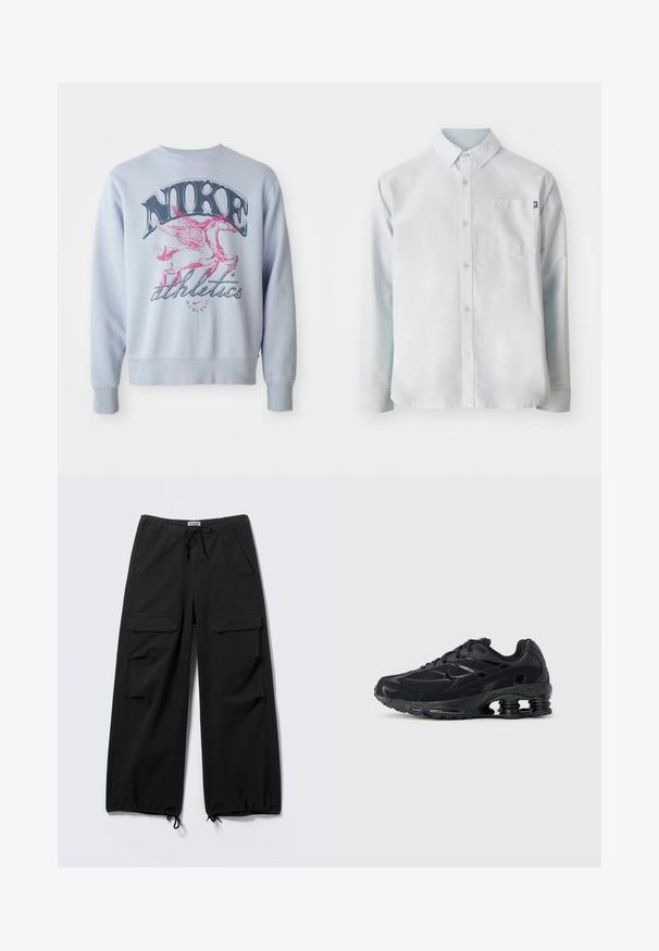 Heledsinine dressipluus, millel on suur graafika roosa tiivulise hobuse ja musta "NIKE" tekstiga. Pehme kangas, ümar kaelus ja soonikkraed.; New Balance OXFORD - Pluus - blue; Mustad laia säärega cargo-püksid esitaskutega, nöörvöökohaga ja reguleeritavate nööridega säärtel.; Must sportlik kinga võrgust pealsega, polsterdatud kaelusega ja silmapaistva polsterdatusega kandis. Omab struktuurseid detaile ja paelu.