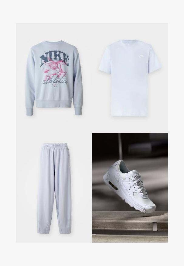 Heledsinine dressipluus, millel on suur graafika roosa tiivulise hobuse ja musta "NIKE" tekstiga. Pehme kangas, ümar kaelus ja soonikkraed.; Hele sinine puuvillane t-särk lühikeste varrukatega, ümar kaelus ja valge Nike logo trükituna vasakul rinnal. Sile tekstuur, lihtne disain.; Heled lavendlivärvi joggerid pehmest kangast, millel on elastne vöökoht ja kogunenud pahkluud. Küljel on diskreetne bränding.; Valged Nike Air Max 90 sneakers, millel on võrkkangast ja nahast ülemine osa, aukudega varbadosa ning nähtav õhuüksus kandades.