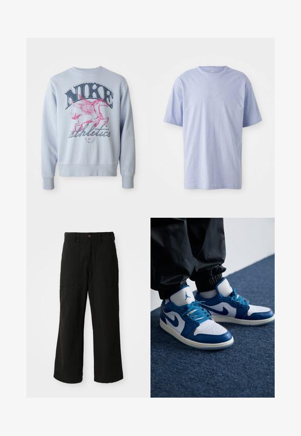 Lyseblå sweatshirt med et stort grafisk motiv af en lyserød vinget hest og "NIKE" tekst i sort. Blødt stof med rund halsudskæring og ribbede manchetter.; Lysblå bomulds T-shirt med rund halsudskæring og korte ærmer. Har et præget "nike" logo i midten foran. Blød tekstur.; Sorte vide benbukser lavet af blødt stof, med frontlommer og en knaplukning i taljen. Minimalistisk design uden synlige mønstre.; Nike Air Jordan sneakers har en hvid læderbase med blå syntetiske detaljer, en perforeret tåboks og blå snørebånd.