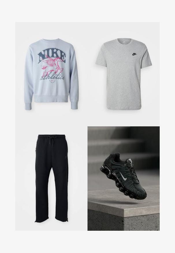 Lyseblå sweatshirt med et stort grafisk motiv af en lyserød vinget hest og "NIKE" tekst i sort. Blødt stof med rund halsudskæring og ribbede manchetter.; Grå kortærmet T-shirt i bomuld med et sort Nike-logo på brystet og rund halsudskæring. Minimalistisk design uden mønstre.; Sorte træningsbukser med elastisk linning og snoretræk, har sidelommer, smalle ben og lynlåse ved anklerne. Glat tekstur.; Sort og mørkegrå Nike løbesko med hvid swoosh-logo, svævende over en betonafdækning med trapper i baggrunden.