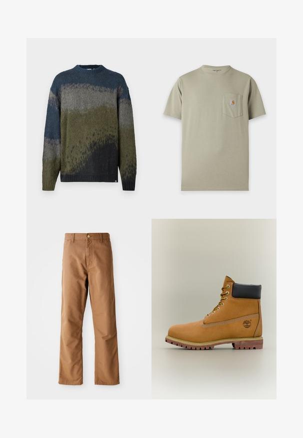 Pull en maille à col rond, présentant des motifs dégradés verts, gris et bleus, texture douce, coupe ample et poignets et ourlet côtelés.; T-shirt Carhartt beige à manches courtes avec une poche poitrine comportant un écusson logo Carhartt sur fond blanc.; Pantalon marron à jambes droites avec passants de ceinture, poches avant, fermeture à bouton et fermeture éclair sur fond blanc.; Bottine en cuir marron avec col noir, lacets jaunes et semelle beige. Présente un logo et des détails de couture blanche. Semelle extérieure à traction robuste.