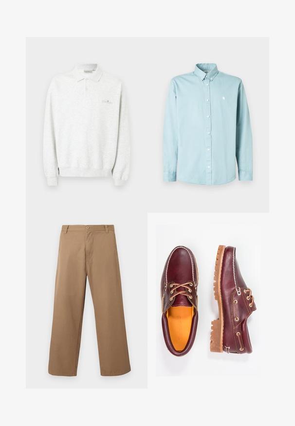 Polo blanc à manches longues avec deux boutons et poignets côtelés, arborant un logo brodé subtil sur la poitrine.; Chemise bleu clair à manches longues avec boutons, en coton, dotée d'un col classique, de boutons blancs et d'un petit logo sur la poitrine.; Pantalon beige à jambes larges avec passants pour ceinture, bouton sur le devant et fermeture éclair, présenté sur un fond clair uni.; Chaussures en cuir bourgogne avec semelles en caoutchouc marron, bout rond, couture blanche et œillets dorés. L'intérieur présente une doublure jaune.