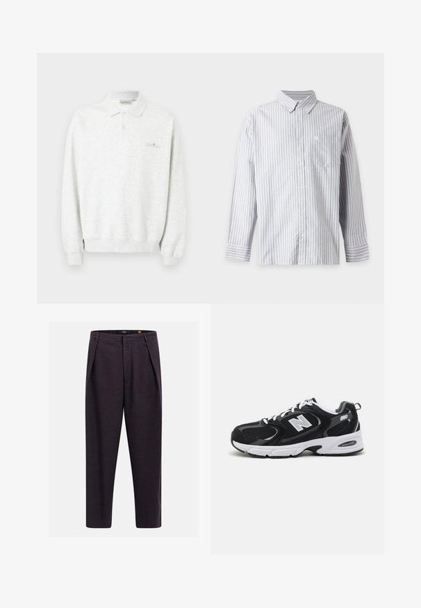 Polo blanc à manches longues avec deux boutons et poignets côtelés, arborant un logo brodé subtil sur la poitrine.; Chemise à manches longues boutonnée avec des rayures verticales grises et blanches, une poche poitrine et un col boutonné.; Pantalon gris foncé sur mesure avec passants pour ceinture, plis avant et coupe droite.; Baskets de sport noires et grises avec un tige en mesh et en suède, présentant une semelle intermédiaire blanche, des lacets et un logo "N" audacieux sur le côté.