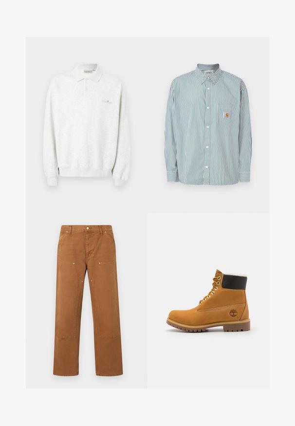 Polo blanc à manches longues avec deux boutons et poignets côtelés, arborant un logo brodé subtil sur la poitrine.; Chemise rayée vert et blanc, dotée d'un col boutonné, de manches longues, d'une poche avant et d'une petite étiquette logo.; Pantalon marron à jambes droites avec poches plaquées à l'avant, détails à rivets, passants pour ceinture et fermeture par bouton à la taille.; Bottine en cuir brun avec œillets en métal, doublure en fourrure blanche, col rembourré noir, semelle robuste et logo en relief sur le côté.