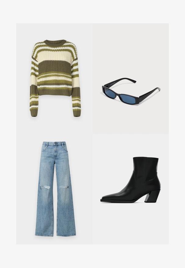 Chunky striktrøje med rund hals, der har skiftende olivengrønne, cremefarvede og hvide vandrette striber. Kort længde med lange ærmer.; Lyseblå højtaljede wide-leg jeans med slidte knæ, klassisk fem-lomme design og lynlås med knaplukning.; Sortlæder ankelstøvle med spids tå, en slank silhuet og en kraftig firkantet hæl. Glat tekstur med minimale stikninger.; Sorte solbriller med en slank rektangulær ramme og blå linser. Har en glat overflade og robuste stænger. Mærkets logo på siden.
