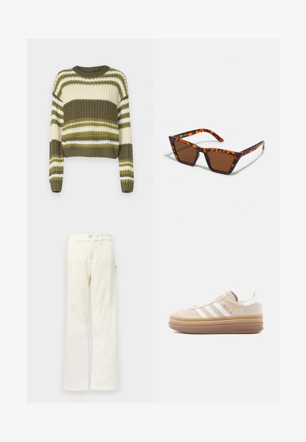 Kuscheliger Strickpullover mit Rundhalsausschnitt, der abwechselnd olivgrüne, cremefarbene und weiße horizontale Streifen aufweist. Verkürzte Länge mit langen Ärmeln.; Good American GOOD 90S CARPENTER - Wide Leg - white denim; Beige Wildleder-Sneaker mit weißen Lederakzenten, versehen mit drei weißen Streifen, einem goldenen Logo und einer dicken, durchsichtigen Gummisohle.; Braungetönte Sonnenbrille mit Schildpattmuster, eckigem Rahmen und schlanken Bügeln. Hergestellt aus leichtem Kunststoffmaterial.