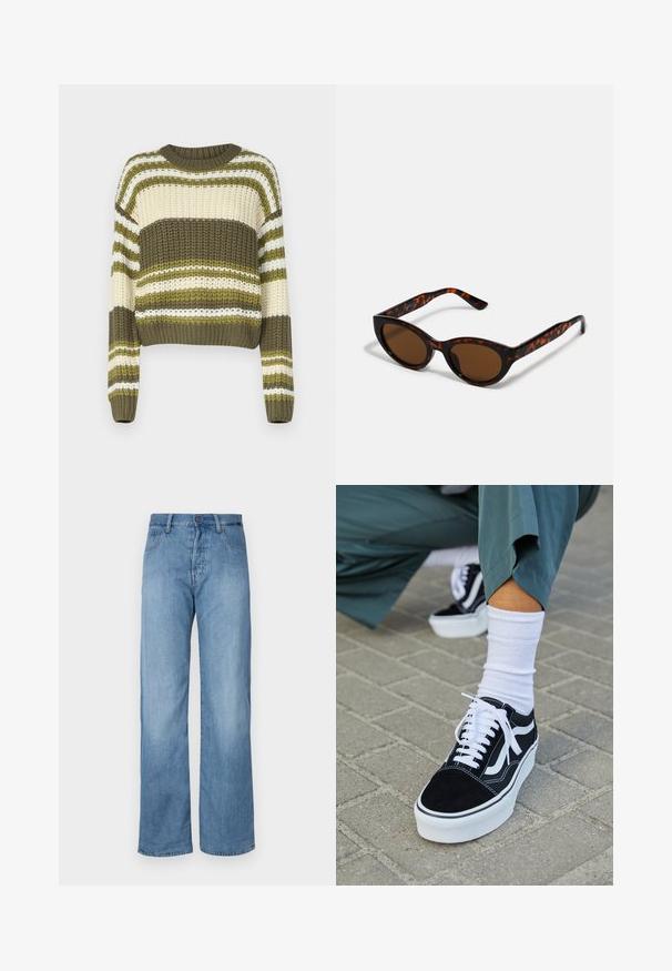 Pull en tricot épais avec un col rond, présentant des rayures horizontales alternées vert olive, crème et blanche. Longueur cropped avec des manches longues.; Jeans en denim bleu clair à jambes larges avec un design classique à cinq poches, fermeture à bouton et détails de couture subtils le long des coutures.; Baskets en suède noir avec des accents et des lacets blancs, présentant une épaisse semelle blanche et des coutures contrastantes, associées à une chaussette blanche.; Lunettes de soleil en écaille de tortue marron avec une forme vintage de lunettes cat-eye et des verres marron. Présente des branches courbées avec des accents rouges.