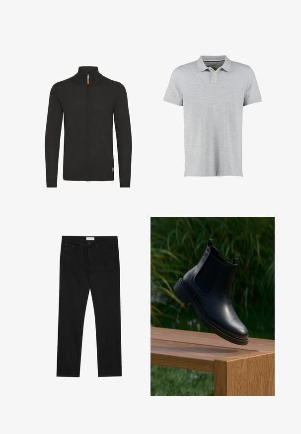 Zwarte zip-up cardigan met een hoge ribgebreide kraag, textuur gebreide stof, ribgebreide manchet en zoom, en een klein leren label aan de onderzijde.; Grijze polo met korte mouwen, gemaakt van zachte stof, met een twee-knops sluiting en een subtiel ribbelkraagdesign.; Zwarte straight-leg jeans met een vijf-pocket ontwerp, knoop- en ritssluiting, en een Pier One merklabel op de tailleband.; Zwarte leren enkelboot met elastische zijpanelen zwevend boven een houten bank, groene loof achtergrond.