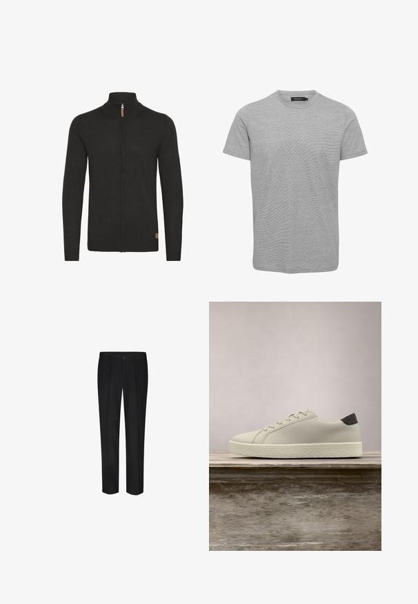 Cardigan noir zippé avec un col haut à côtes, en tissu tricoté texturé, des poignets et un ourlet à côtes, et une petite étiquette en cuir sur le côté inférieur.; T-shirt en coton gris avec un col rond, des manches courtes et une texture subtile. Design simple, sans graphiques ni embellissements.; PROFUOMO Chino - black; Baskets blanches avec semelle texturée et détail noir au talon, flottant au-dessus d'un banc en bois avec de hautes herbes vertes en arrière-plan.