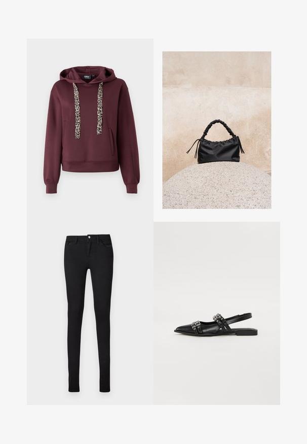 Μαρινί hoodie με κορδόνια σε λεοπάρ σχέδιο, μπροστινής τσέπης και ριμπ μανσέτες. Φτιαγμένο από μαλακό, ελαστικό υλικό για άνεση.; Μαύρο τζιν slim-fit με κλείσιμο μπροστινού κουμπιού και φερμουάρ, θηλιές για ζώνη και μπροστινές και πίσω τσέπες, εμφανίζεται σε λευκό φόντο.; Even&Odd by Zalando Μπαλαρίνες με λουράκι στον αστράγαλο - black; Μαύρη τσάντα με πιέτες και συγκεντρωμένη χειρολαβή, τοποθετημένη πάνω σε υφή σφαιρικής πέτρας μπροστά από μια μπεζ τσιμεντένια επιφάνεια.