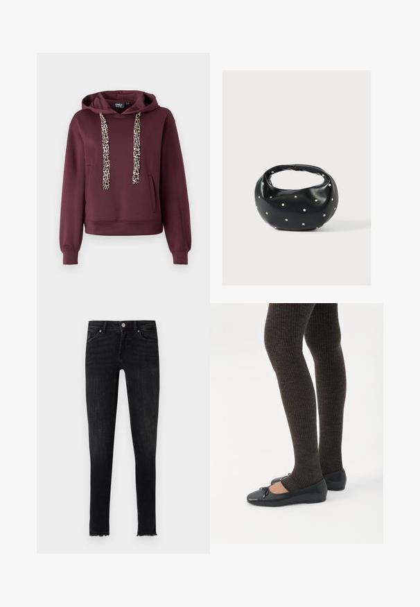 Μαρινί hoodie με κορδόνια σε λεοπάρ σχέδιο, μπροστινής τσέπης και ριμπ μανσέτες. Φτιαγμένο από μαλακό, ελαστικό υλικό για άνεση.; Μαύρο στενό τζιν από ντένιμ, με φθαρμένο τελείωμα, εμπρόσθιες τσέπες και κούμπωμα με κουμπί στη μέση. Η υφή φαίνεται ομαλή.; Πόδια με σκουρόχρωμα ριμπ κολάν συνδυασμένα με μαύρα μπαλαρίνα παπούτσια με μικρές λεπτομέρειες φιόγκων σε λευκό φόντο.; Μαύρη δερμάτινη τσάντα χειρός με στρογγυλεμένο σχήμα, διακοσμημένη με ασημένιες λεπτομέρειες με καρφιά και κοντή λαβή. Λείο υλικό και κλείσιμο με φερμουάρ.