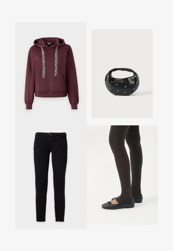 Μαρινί hoodie με κορδόνια σε λεοπάρ σχέδιο, μπροστινής τσέπης και ριμπ μανσέτες. Φτιαγμένο από μαλακό, ελαστικό υλικό για άνεση.; Μαύρο στενό τζιν με εμπρόσθιο κούμπωμα με κουμπί και φερμουάρ, τσέπες μπροστά και πίσω, εμφανίζεται σε λευκό φόντο.; Πόδια με σκουρόχρωμα ριμπ κολάν συνδυασμένα με μαύρα μπαλαρίνα παπούτσια με μικρές λεπτομέρειες φιόγκων σε λευκό φόντο.; Μαύρη δερμάτινη τσάντα χειρός με στρογγυλεμένο σχήμα, διακοσμημένη με ασημένιες λεπτομέρειες με καρφιά και κοντή λαβή. Λείο υλικό και κλείσιμο με φερμουάρ.