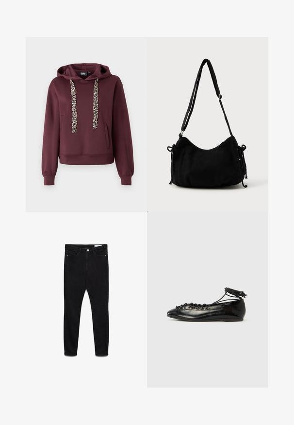 Sweat à capuche bordeaux avec des cordons de serrage en imprimé léopard, une poche centrale et des poignets côtelés. Fabriqué en matière douce et extensible pour un maximum de confort.; Jeans skinny noirs taille haute avec bouton et fermeture éclair à l’avant, deux poches avant et deux poches arrière, présentés à plat sur fond blanc.; Ballerines en cuir verni noir avec un bout rond, un design à lacets et une semelle plate. Texture lisse avec peu de détails.; Sac à épaule en velours côtelé noir avec une forme courbée, bandoulière réglable et fermetures à cordon des deux côtés pour un ajustement de taille.