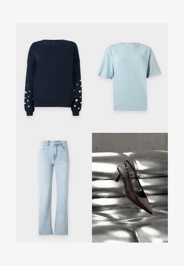 Marineblauwe sweatshirt met lange mouwen, voorzien van verspreide zilveren hartpatronen op de mouwen, ribgebreide manchetten en ronde halslijn.; Lichtblauw T-shirt met korte mouwen en ronde hals, met een gladde textuur, weergegeven op een neutrale grijze achtergrond.; Lichtblauwe hoge taille jeans met knoop- en ritssluiting, voor- en achterzakken en een licht uitlopende pijp.; Glanzende donkerrode slingback pumps met hoge hak en puntige neus, gepresenteerd op een glanzend zilveren, getuft leren oppervlak.