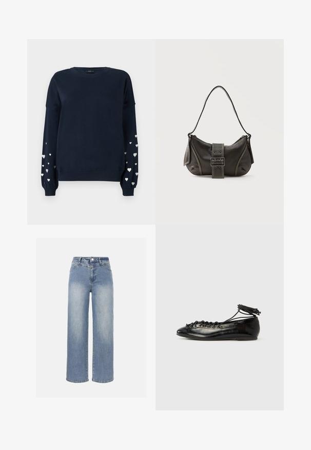 Marineblauwe sweatshirt met lange mouwen, voorzien van verspreide zilveren hartpatronen op de mouwen, ribgebreide manchetten en ronde halslijn.; Lichtblauwe jeans met hoge taille en brede pijpen, met een vervaagde wassing, een drukknoop aan de voorkant, rits en klassiek vijfzakkenontwerp.; Zwarte ballerina's van lakleer met een afgeronde neus, veterdesign en een platte zool. Glad oppervlak met minimale details.; Zwarte leren schoudertas met gespsluiting aan de riem, afgeronde hoeken en contrasterende witte stiksels op een effen achtergrond.