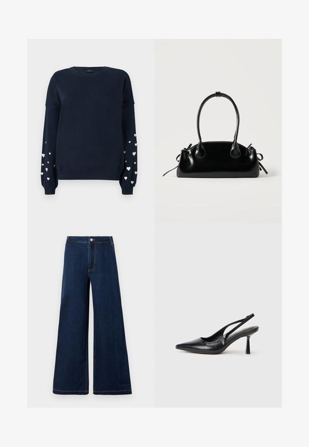 Marineblå sweatshirt med lange ærmer, der har spredte sølvfarvede hjerter på ærmerne, ribbede manchetter og rund halsudskæring.; Bredde denim jeans i mørkeblå med guld sting, der har en frontknap og lynlåslukning samt et klassisk fem-lomme design.; Sort læderslagback højhælet sko med spids tå og slank hæl på en hvid baggrund.; Lille sort blank håndtaske med to lange håndtag og snøre-detaljer i siden på en ensfarvet lys baggrund.